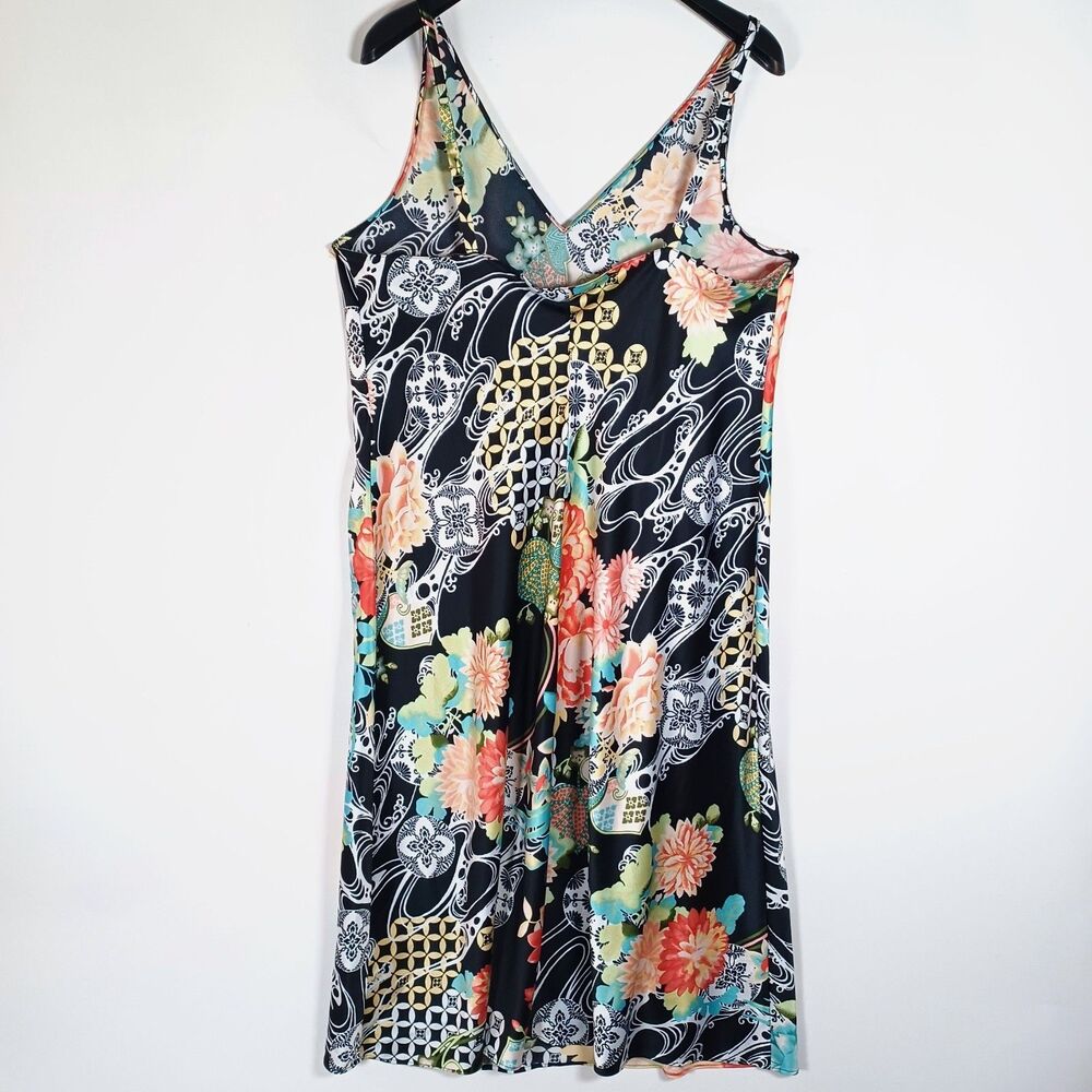 Natori Kimono Robe & Gown Asian Floral XL Belted Satin Pockets Black Geometric - Picture 8 of 11